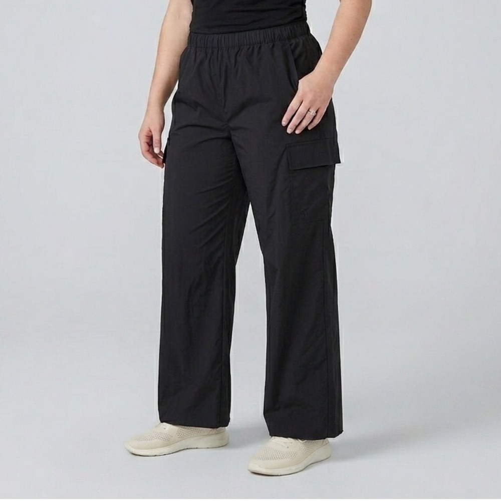 PINK Victorias Secret Black Nylon Cargo Parachute Pants Wide Leg Large L Pull On